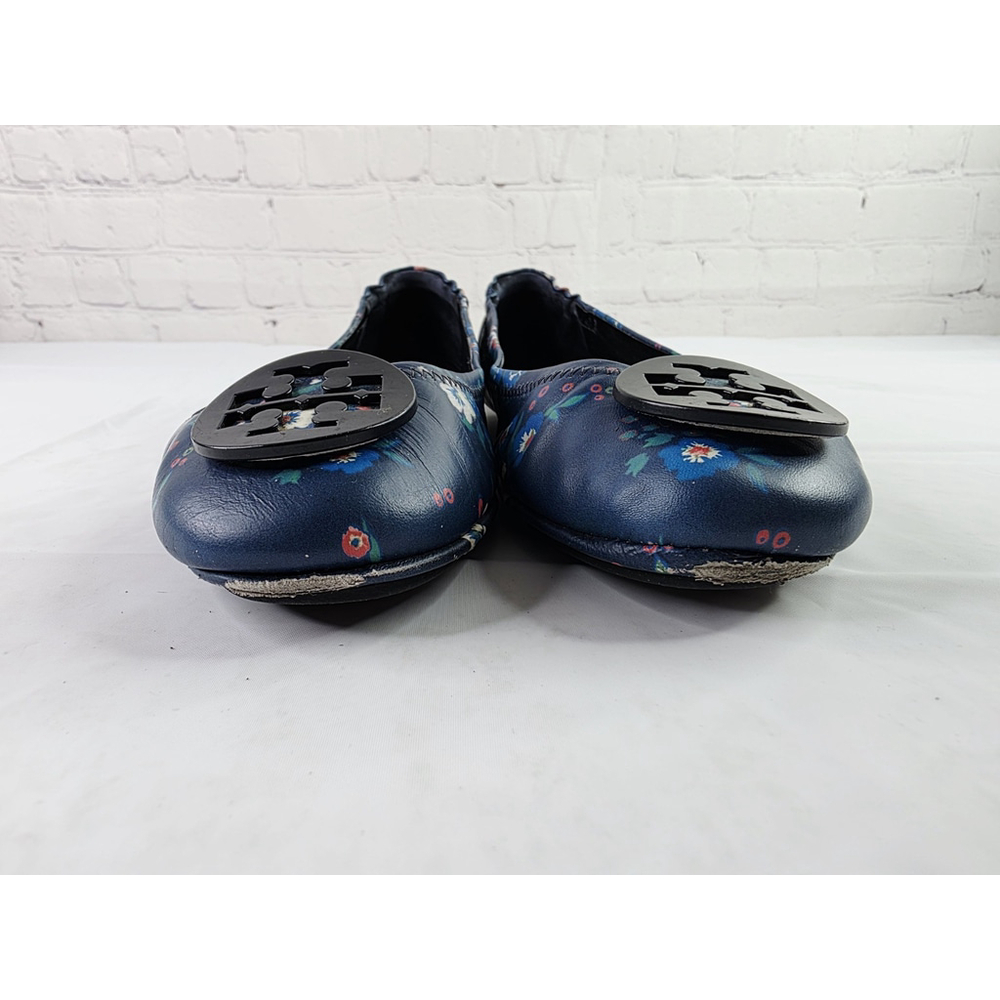 Tory Burch Minnie Travel Ballet Flats Blue Pansy Bouquet Floral Print Size 8.5 - Picture 4 of 7